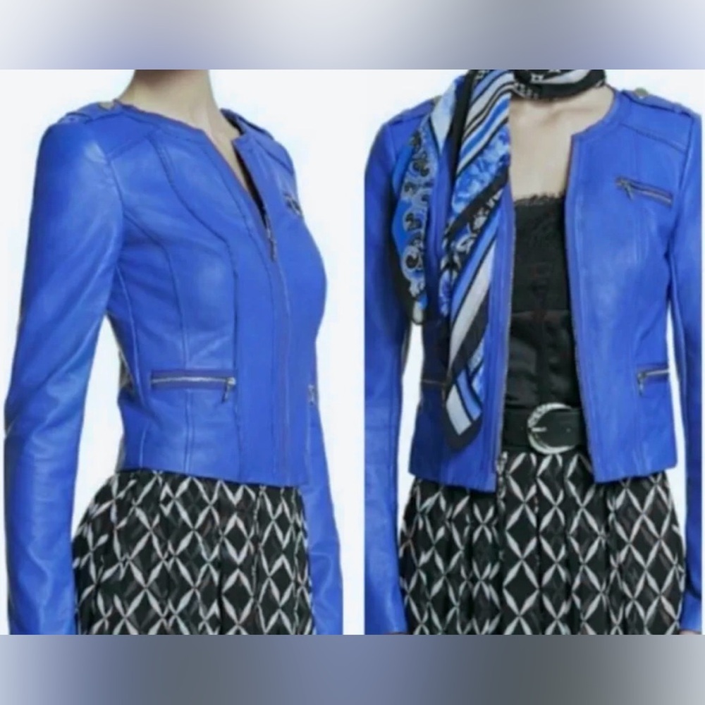 Vintage White House Black Market LeatherJacket Slim Fit  w/ Epilates Blue Size M